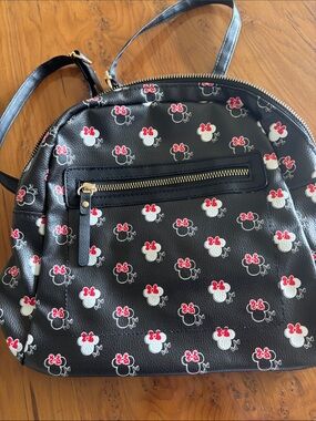 Disney Black Faux Leather Mini Backpack with Red & White Minnie Print